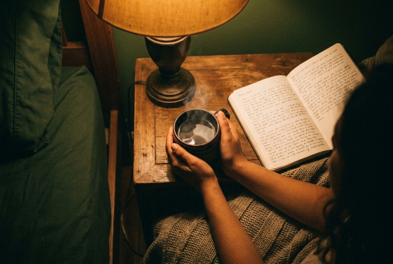 Hands of a woman wrapping around a warm mug of herbal tea next to an open journal