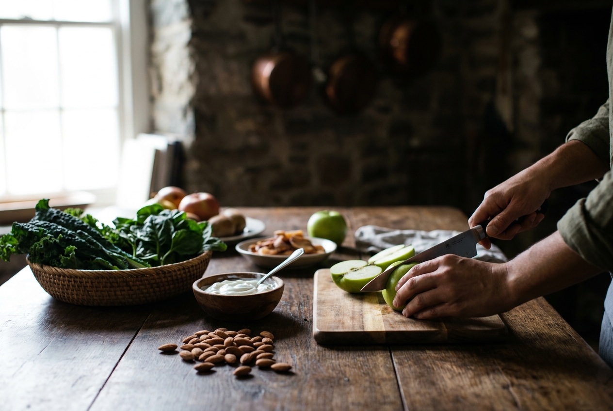 Woman's hands slicing a green apple on a rustic table surrounded by whole foods