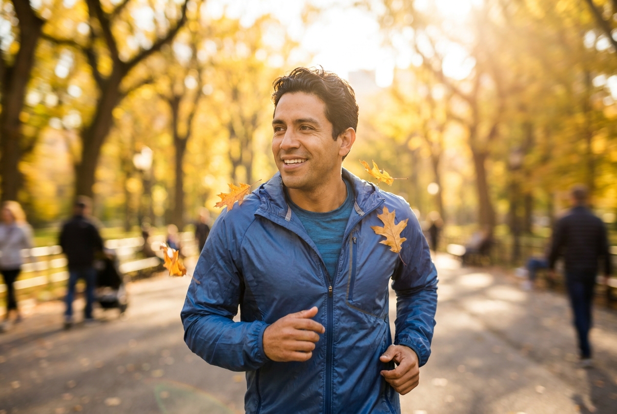 Confident Latino man jogging outdoors through a park on a sunny autumn afternoon.