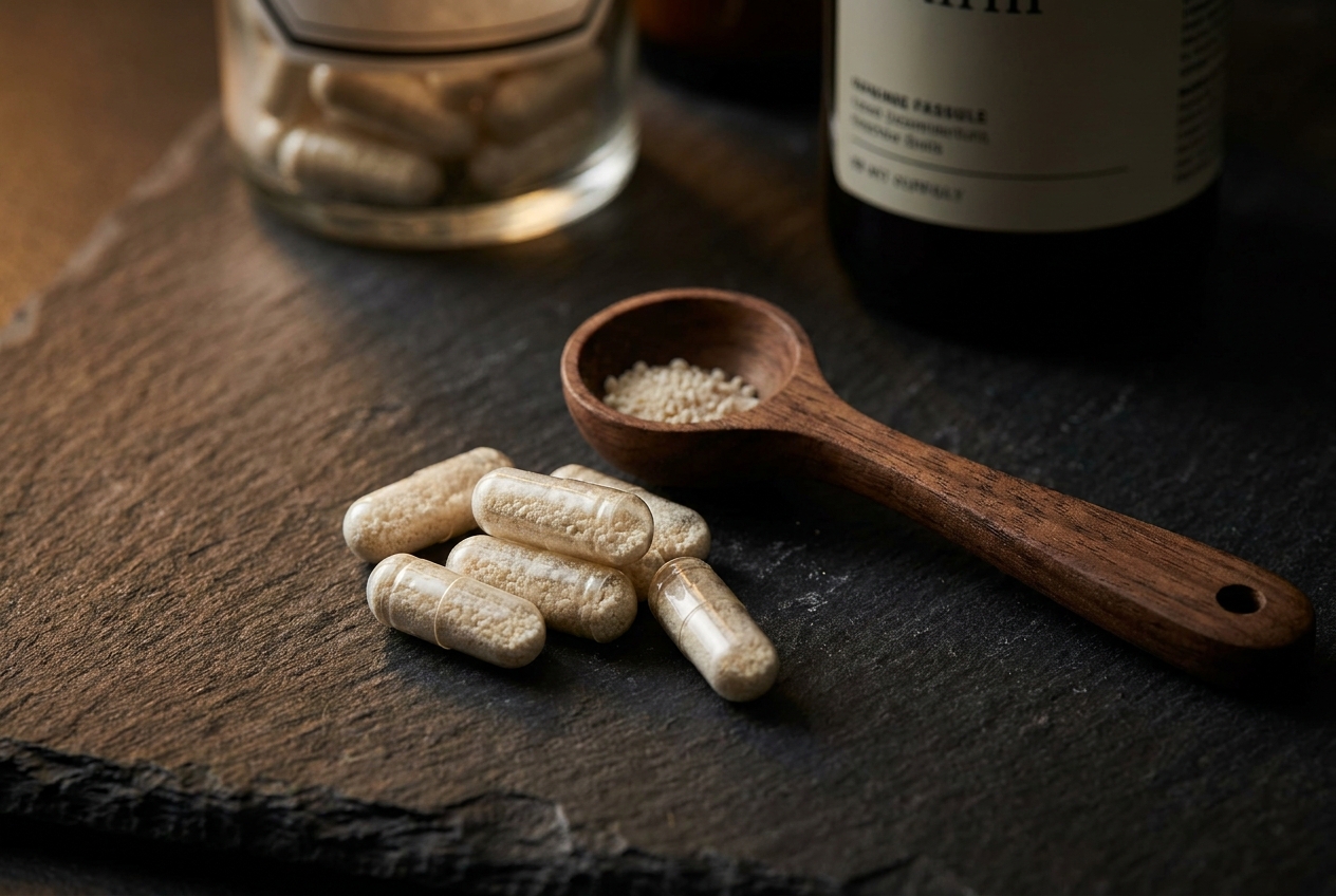 Pristine supplement capsules resting on a dark slate surface next to a wooden spoon.