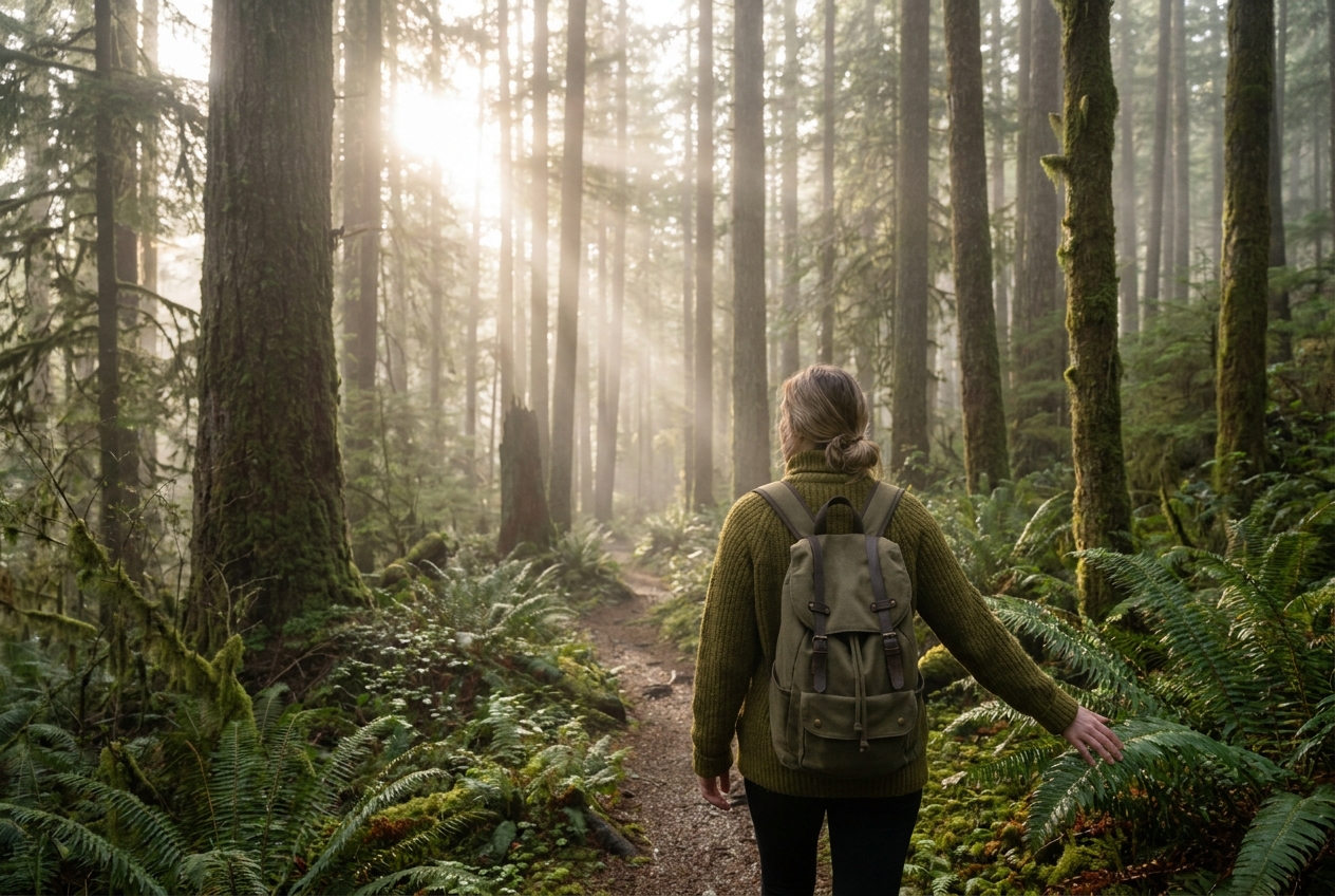 A woman walking away on a misty forest path, touching dew-covered ferns.