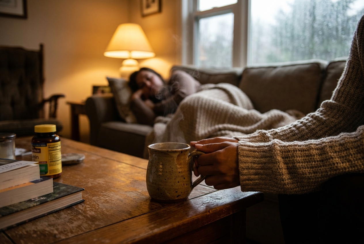 Hands in a chunky knit sweater holding a steaming ceramic mug of herbal tea.