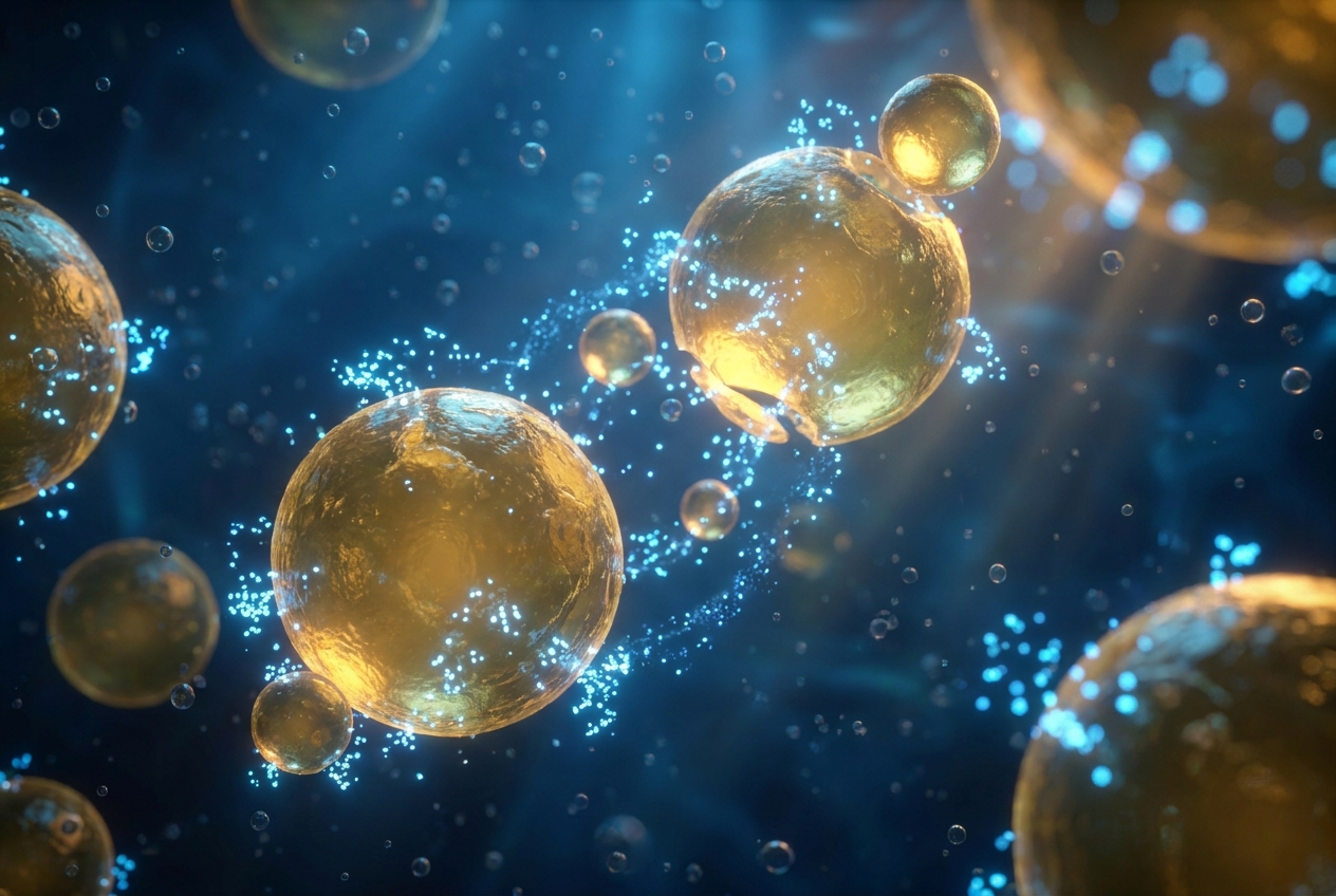 An abstract 3D visualization of golden lipid molecules separating in a dark blue fluid environment.