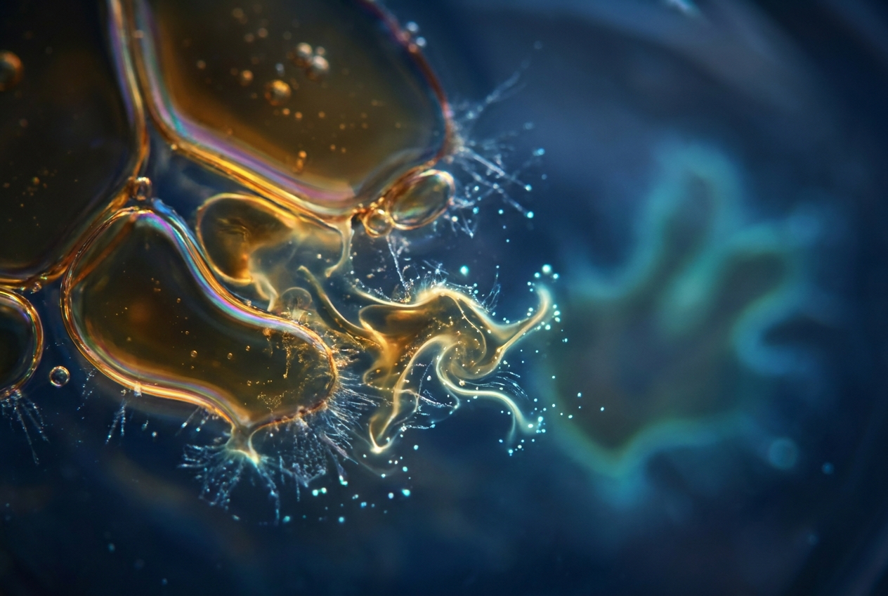Abstract macro shot of golden oil droplets dissolving in deep blue liquid.