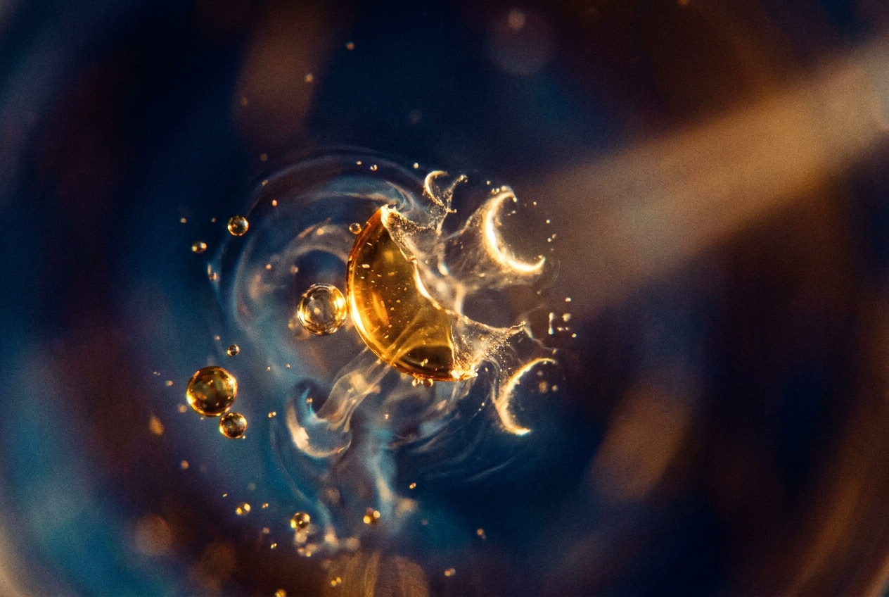 Macro photograph of oil droplets breaking apart in water, representing a dissolving lipid envelope.
