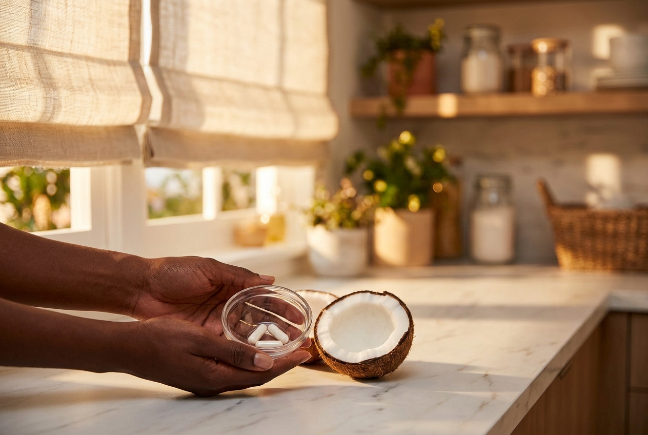 Two white supplement capsules in a glass dish next to a fresh coconut on a marble counter.