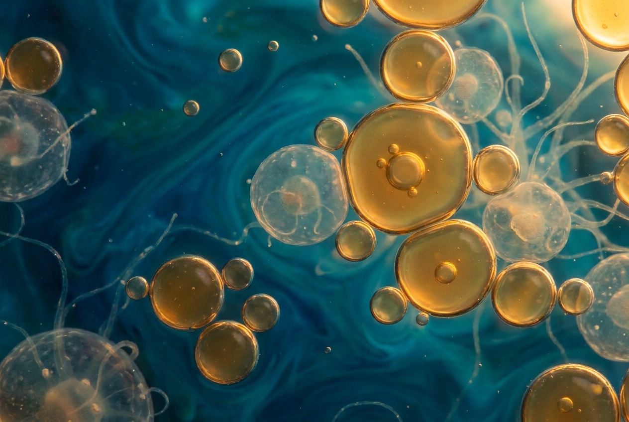 Abstract macro visualization of glowing golden lipid droplets interacting with cellular spheres.