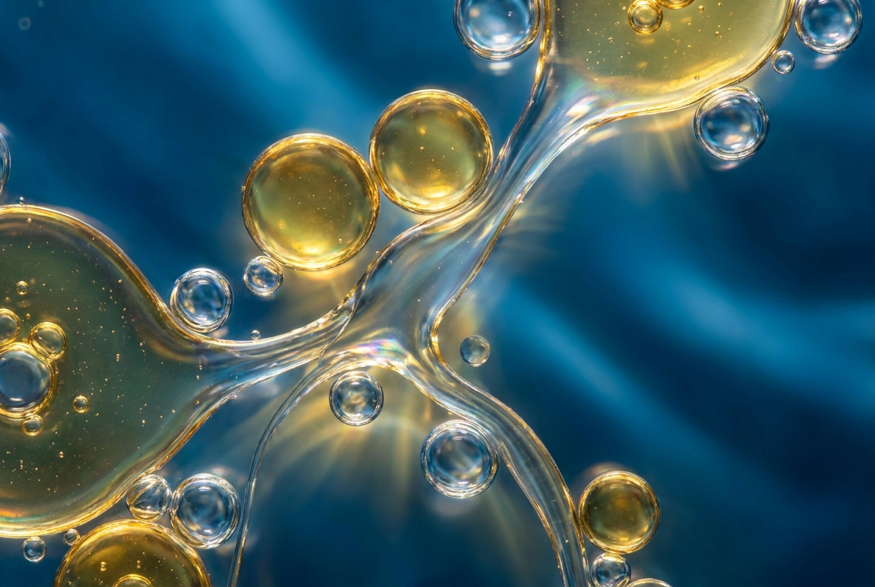 Macro photograph of glowing golden oil droplets mixing with deep blue water droplets.