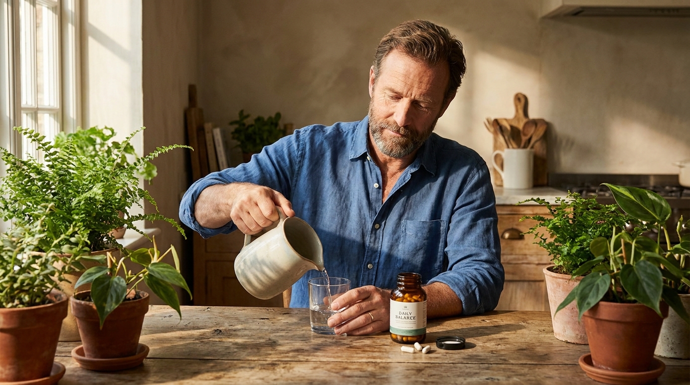 A man in a sunlit kitchen pouring water next to an amber bottle of supplements.