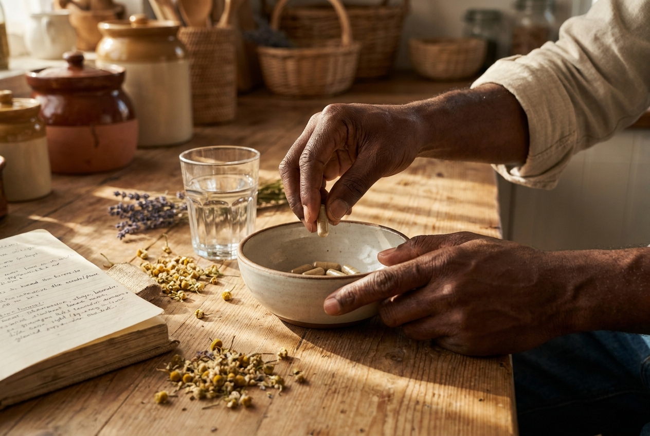 Close up of a man's hands organizing natural wellness supplements and herbs on a wooden table.