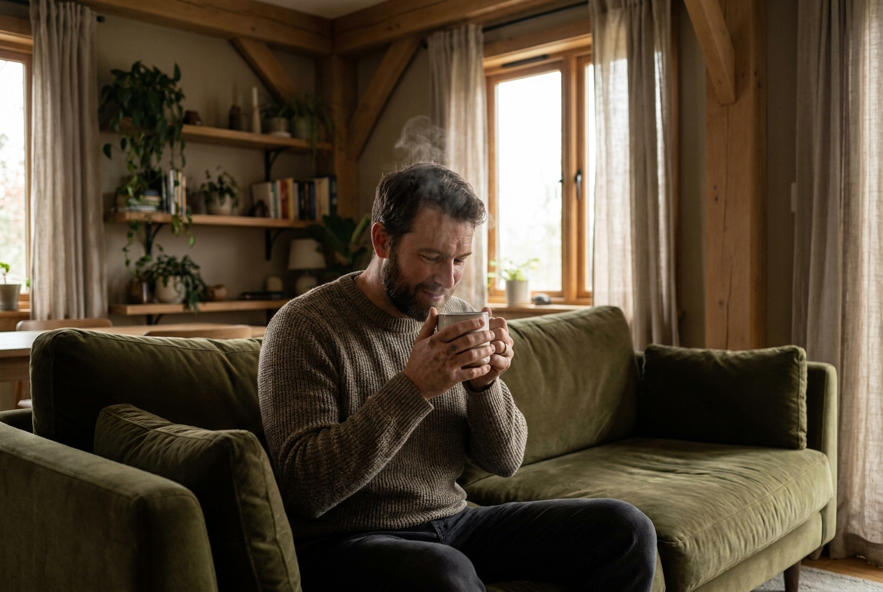 A relaxed man sitting on a sofa holding a steaming mug of herbal tea.