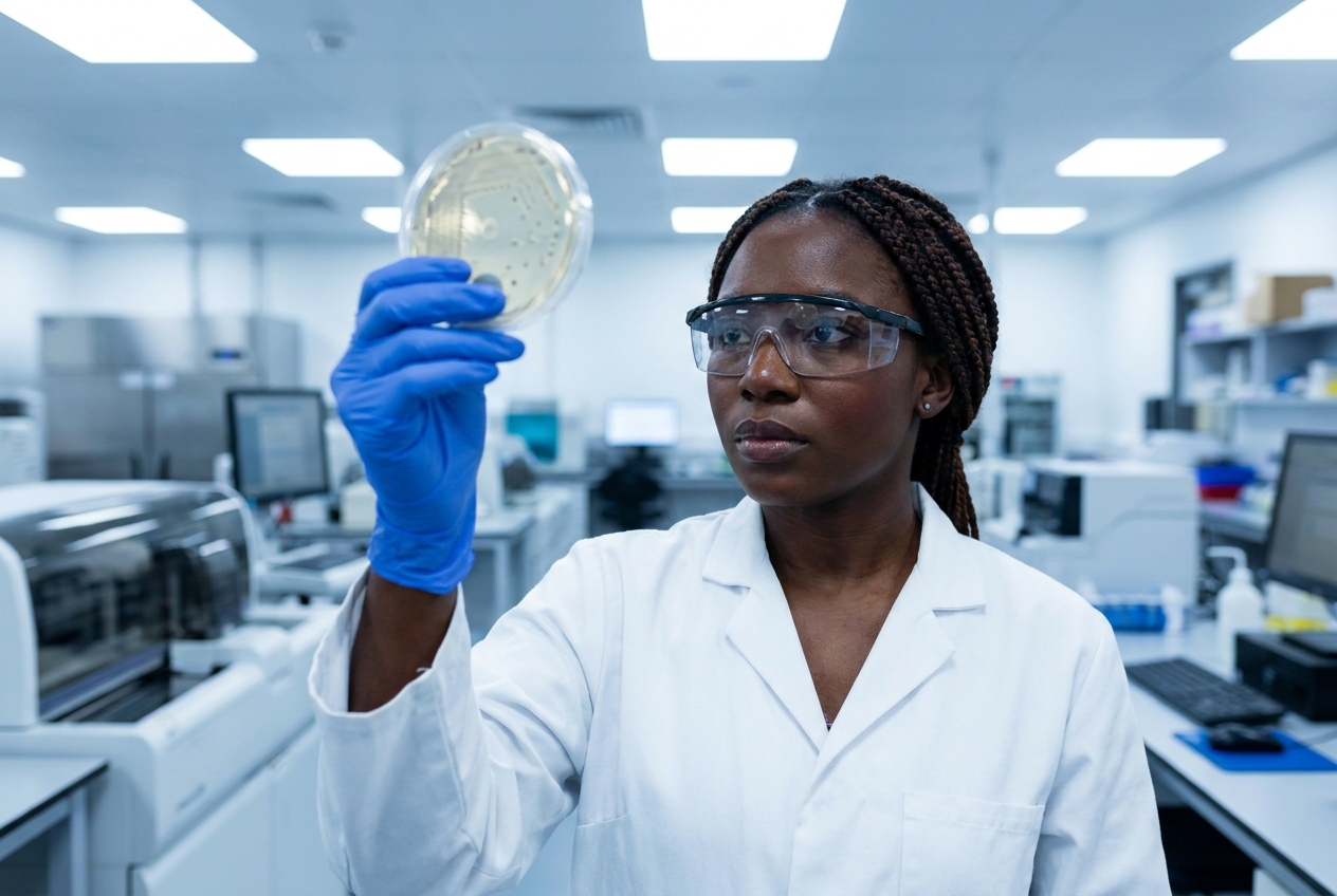 African American female microbiologist examining a culture in a petri dish.