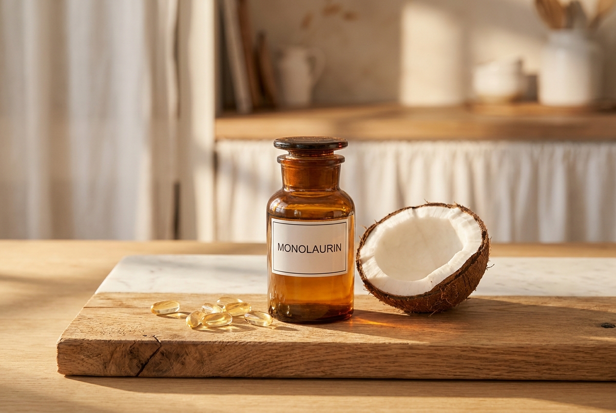 Translucent supplement capsules and an amber glass bottle next to a freshly opened coconut.