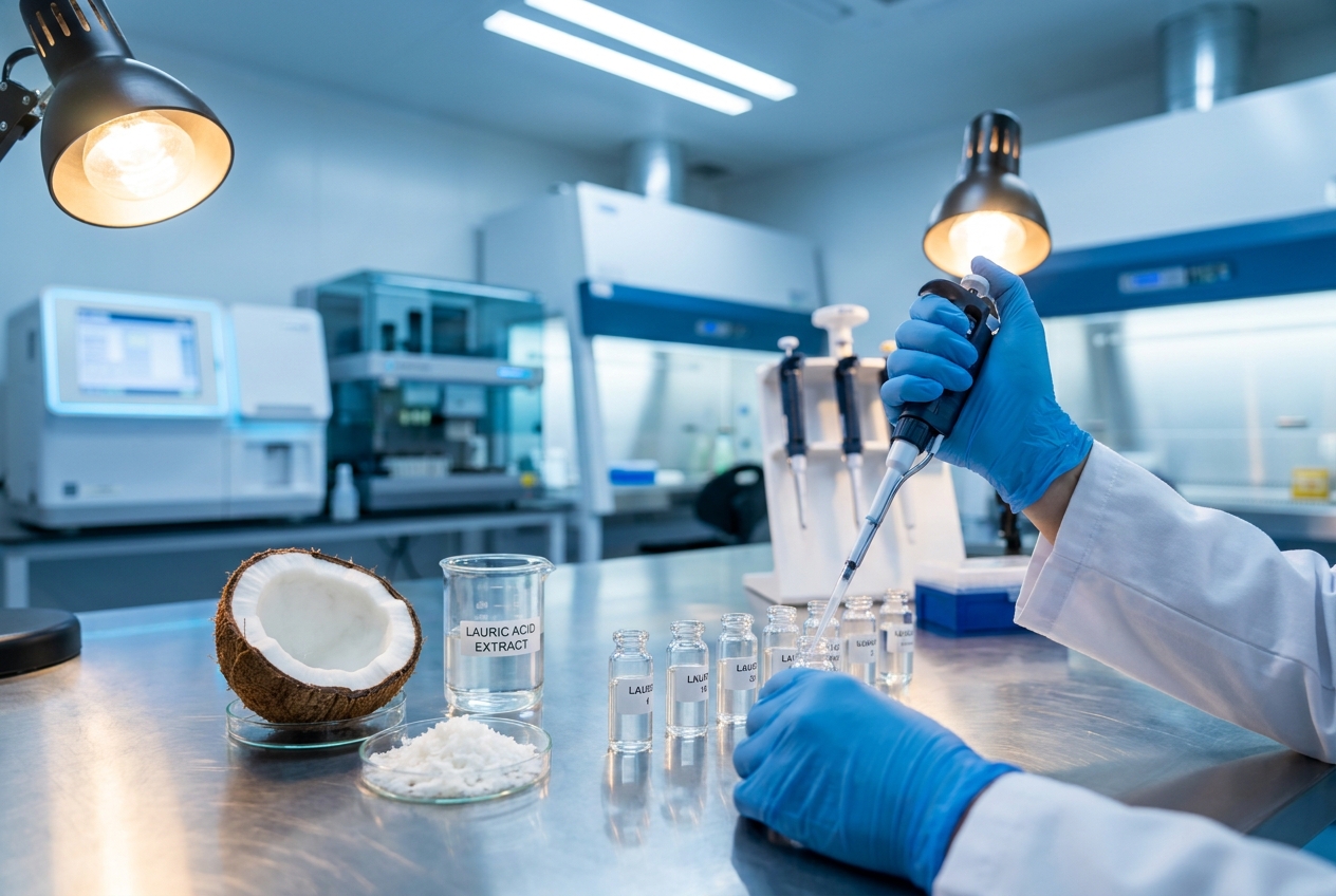 Gloved hands using a micropipette to dispense liquid near a halved coconut in a laboratory