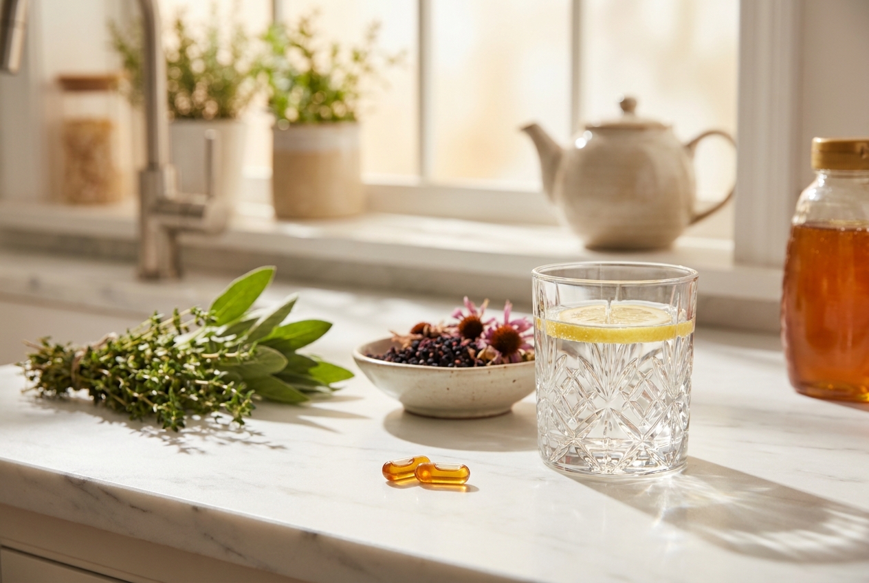 Two translucent monolaurin capsules next to a glass of water on a sunlit marble counter.