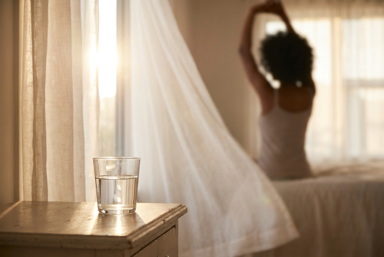 A clear glass of water on a bedside table with a silhouetted figure stretching in the morning light behind it.