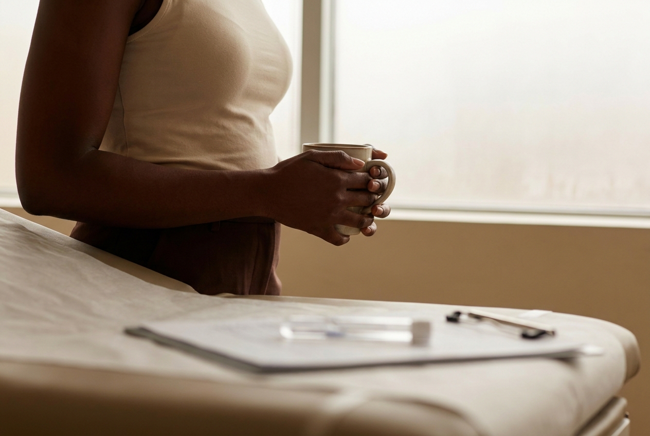 Hands of an African American woman holding a warm mug resting against her stomach in a clinic.