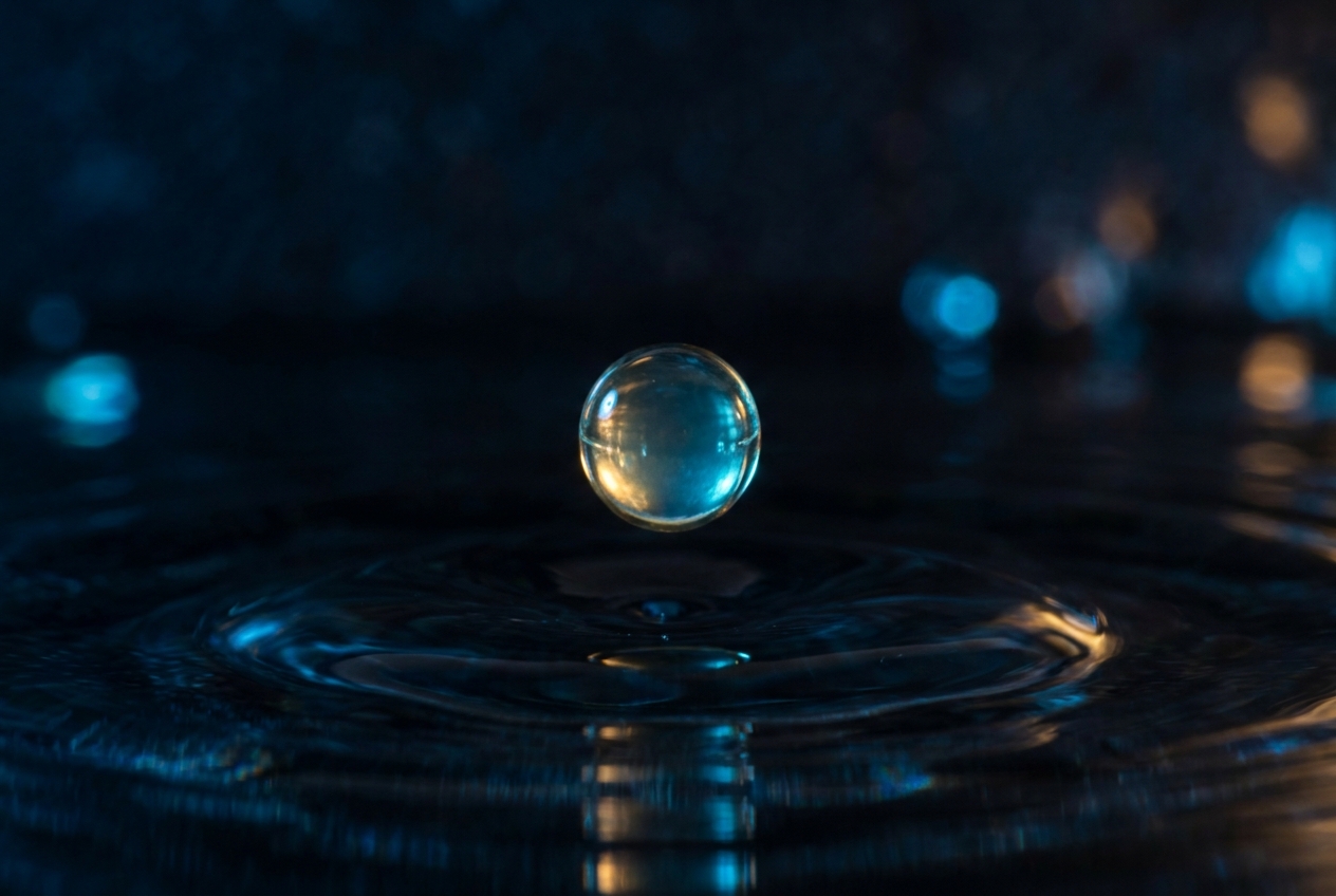 Macro photograph of a glowing oil droplet suspended over rippling water against a dark background.