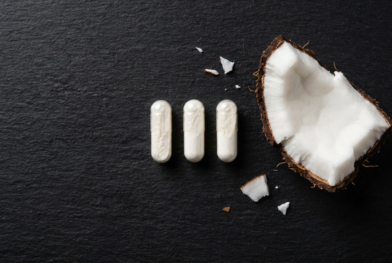 Three clear supplement capsules filled with white powder arranged next to a fresh piece of coconut on a dark slate surface.