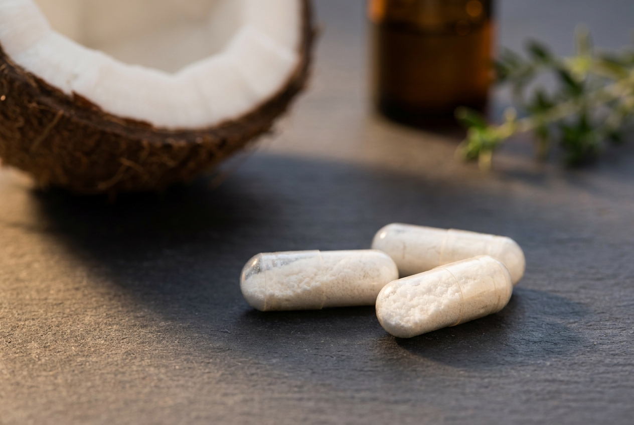 Transparent capsules filled with white powder next to a fresh open coconut on a dark slate surface.
