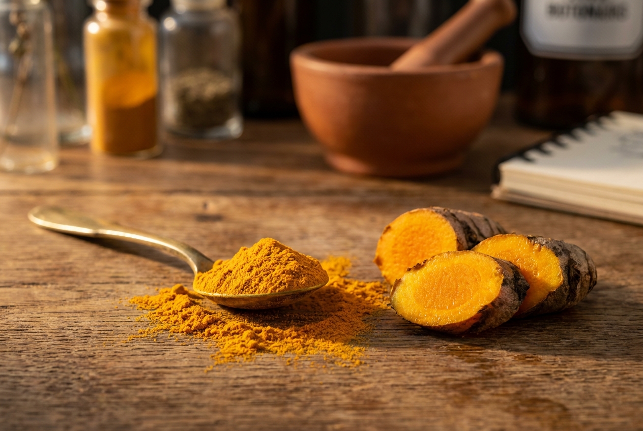 Vibrant yellow turmeric powder spilling from a brass spoon next to sliced raw turmeric roots.