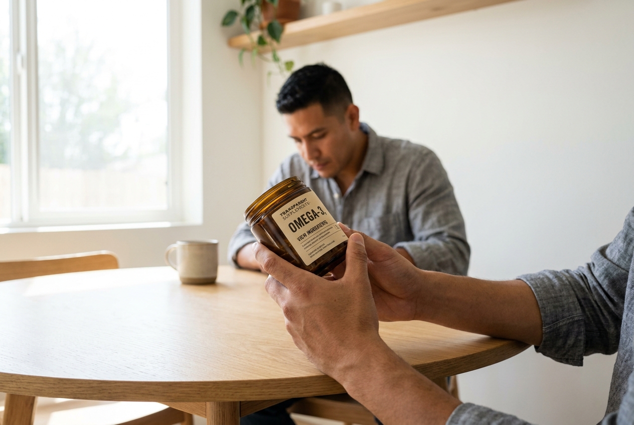 A man's hands carefully reading the ingredient label on an amber glass supplement bottle.
