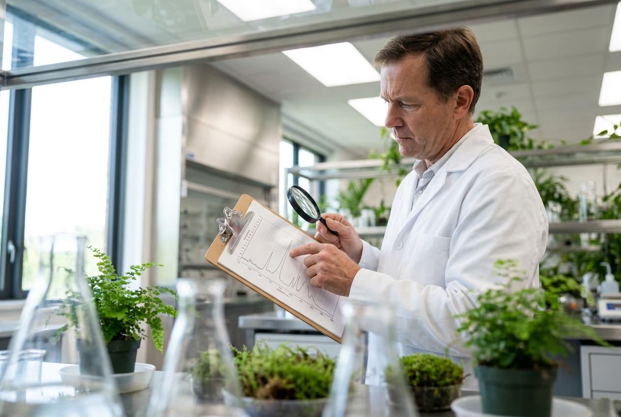 A Caucasian male researcher in a white lab coat examining a printed scientific graph on a clipboard