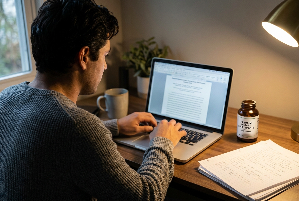 A person researching on a laptop with a premium supplement bottle and notes on the desk.