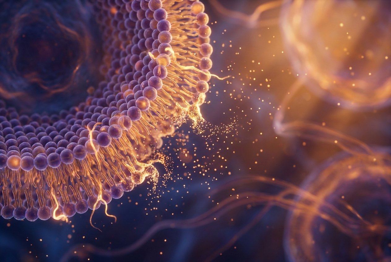 Abstract 3D render of a biological lipid membrane breaking apart and dissolving into glowing particles.