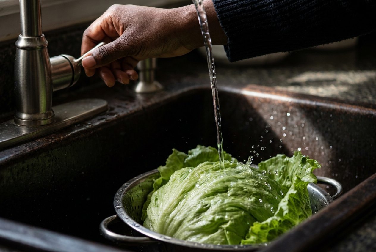 A dark-skinned hand washing fresh iceberg lettuce under a stream of water in a kitchen sink.