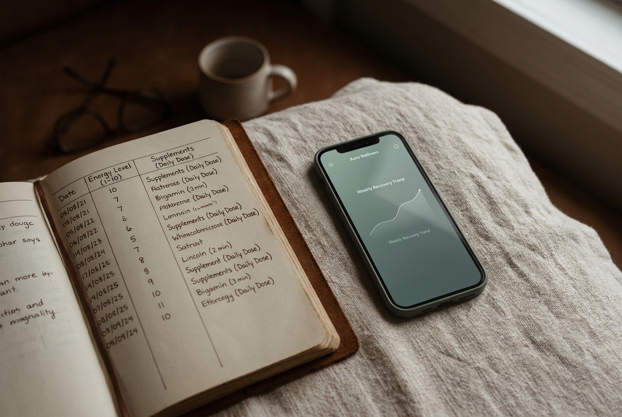 Open journal with hand-written notes next to a smartphone displaying a realistic health tracking graph on a linen blanket.