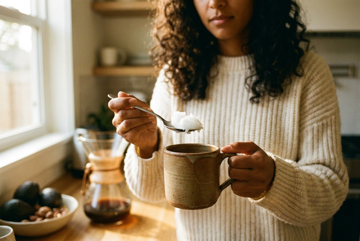 A woman holding a spoonful of solid white coconut oil over a coffee mug in a bright kitchen.