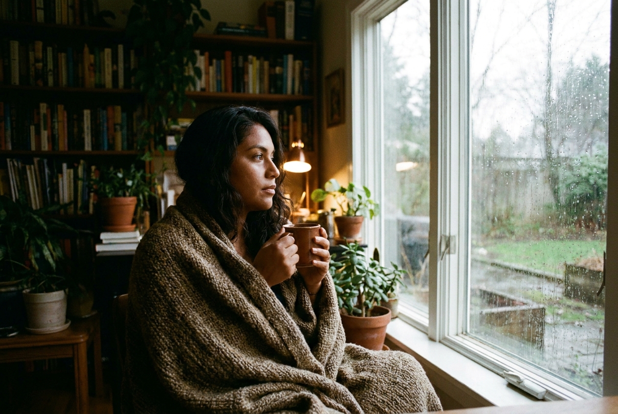 A woman wrapped in a blanket looking out a rainy window with a warm drink.
