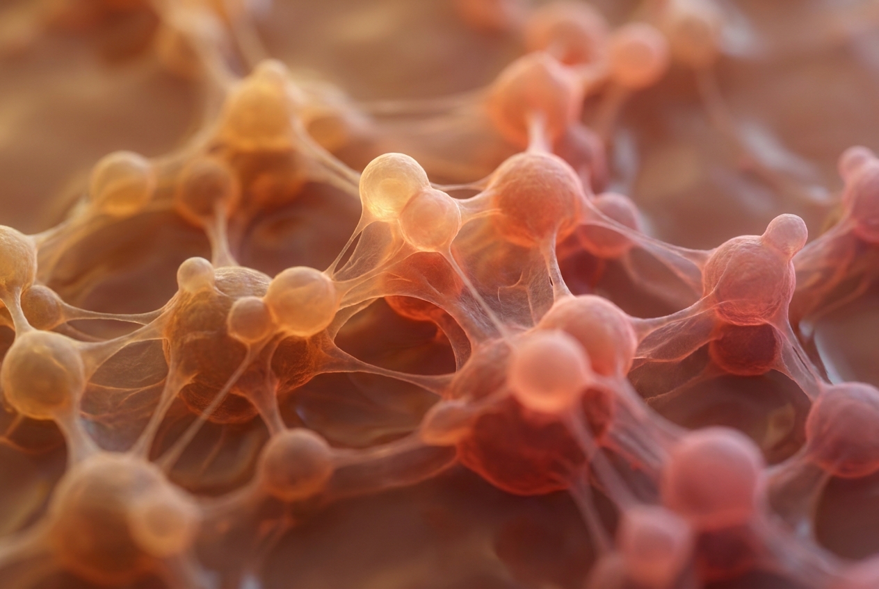 Abstract macro visualization of healthy cellular structures in warm pink and amber tones.