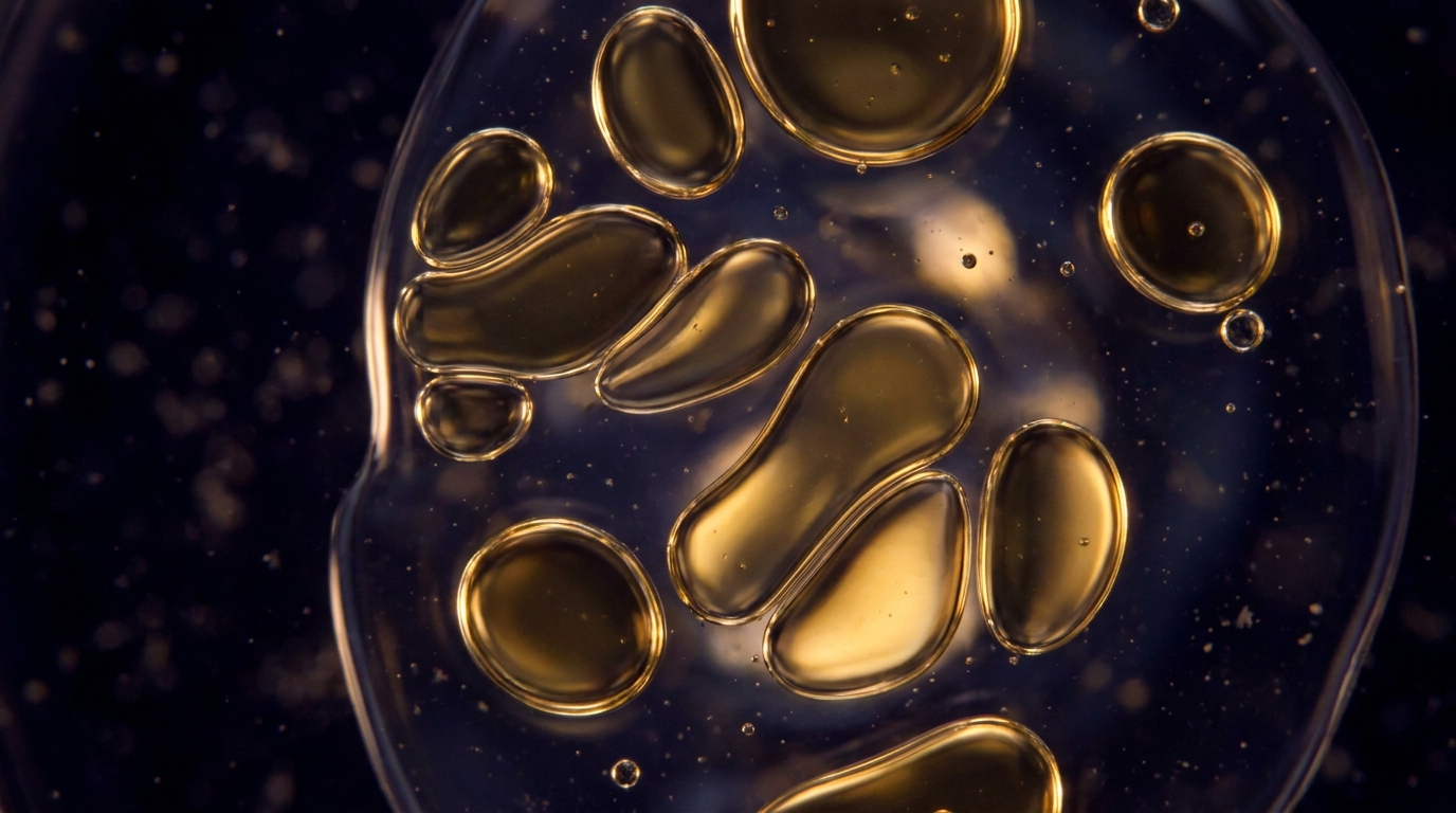 Abstract macro photography of translucent golden oil droplets suspended in water.