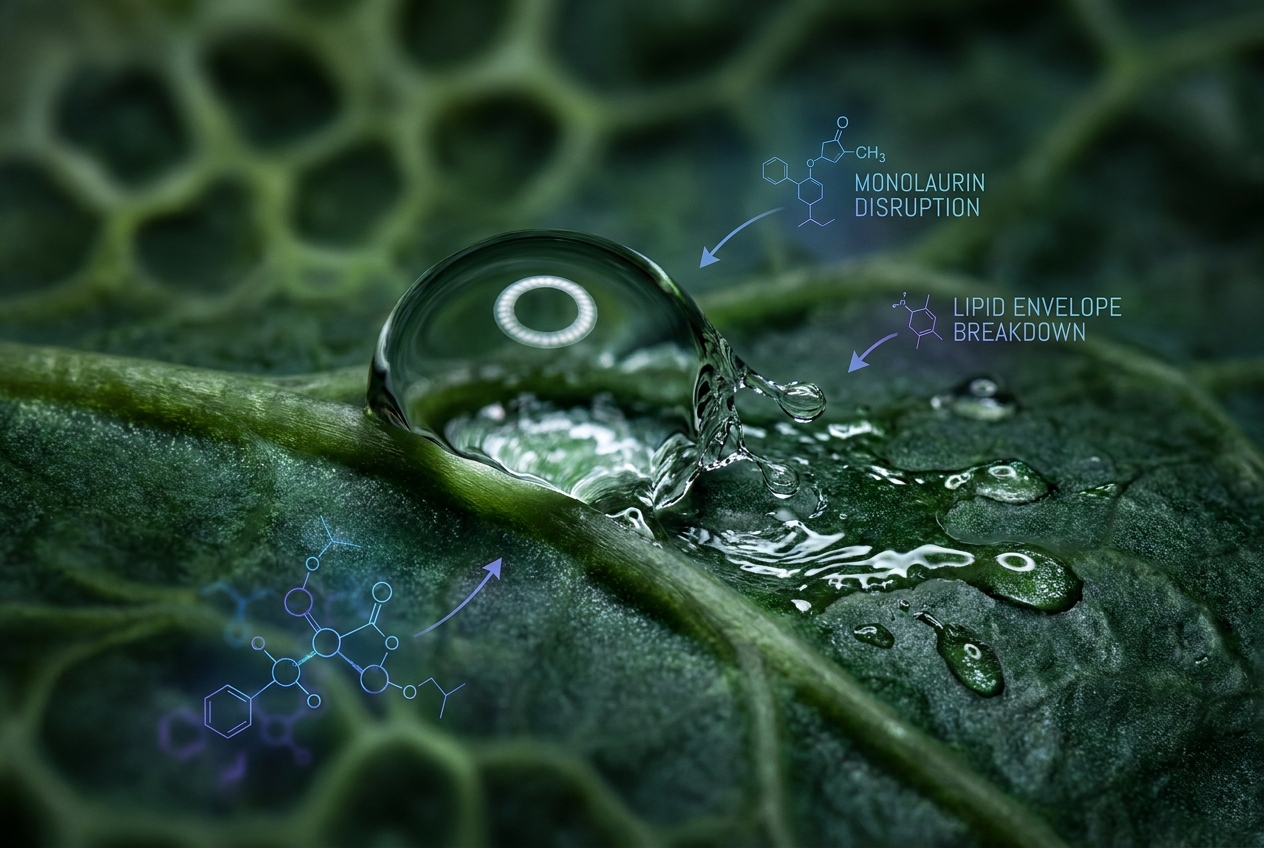 A macro shot of a water droplet breaking its surface tension on a dark green leaf.