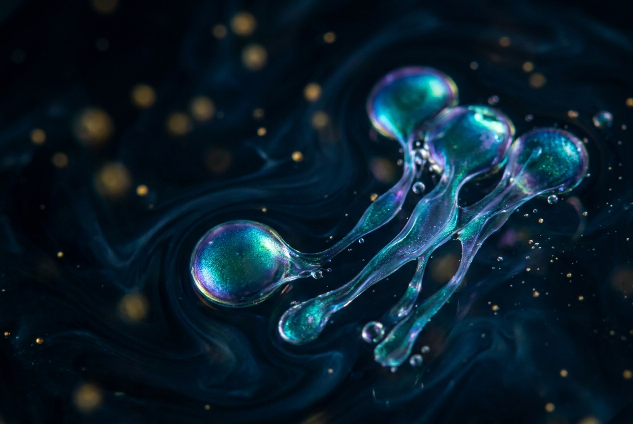 Glowing abstract fluid spheres dissolving and separating in a dark environment.