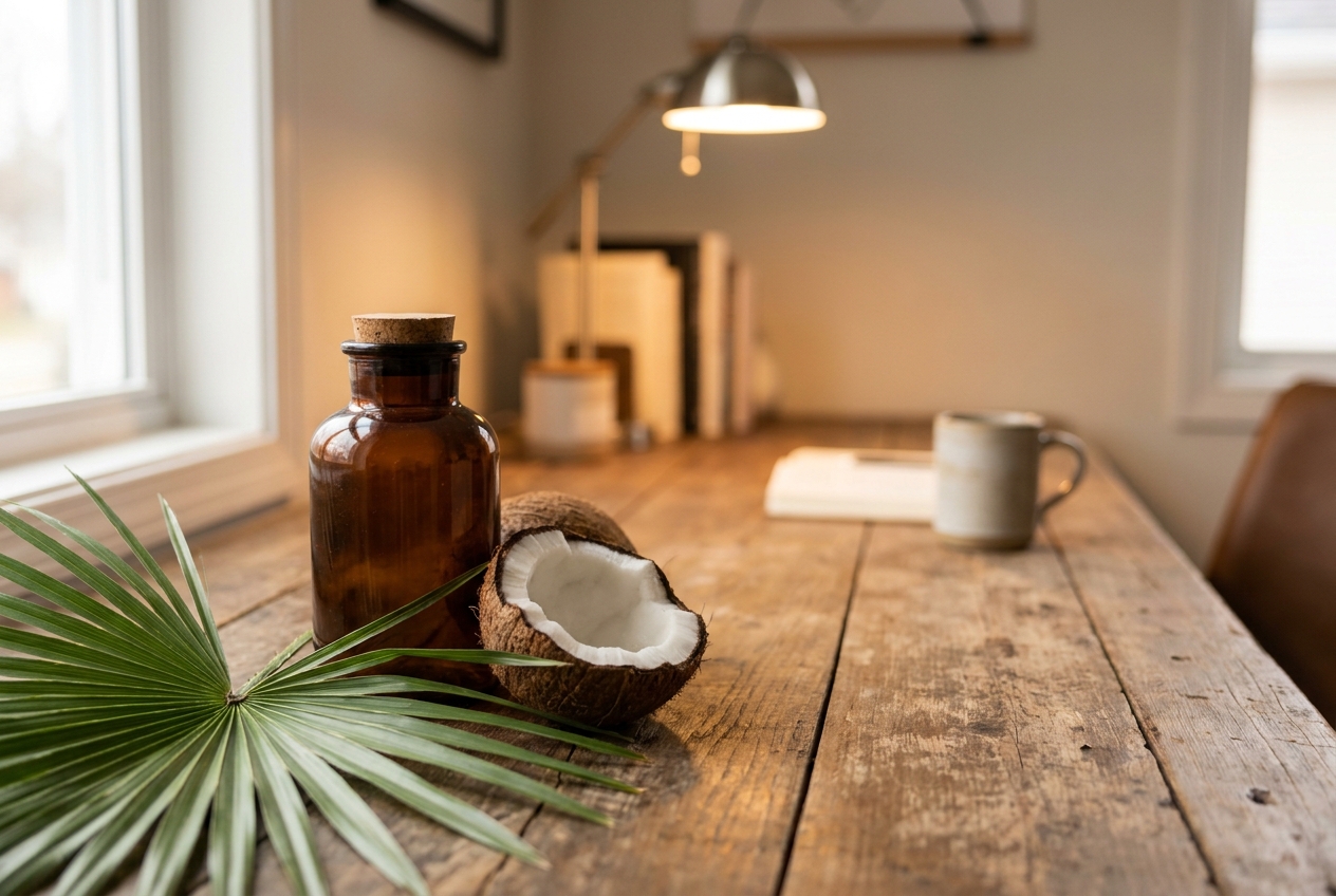 An amber glass supplement bottle resting next to a cracked coconut and a green palm leaf.