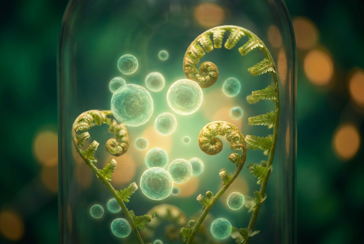 Translucent botanical ferns and glowing spheres representing a healthy gut microbiome.