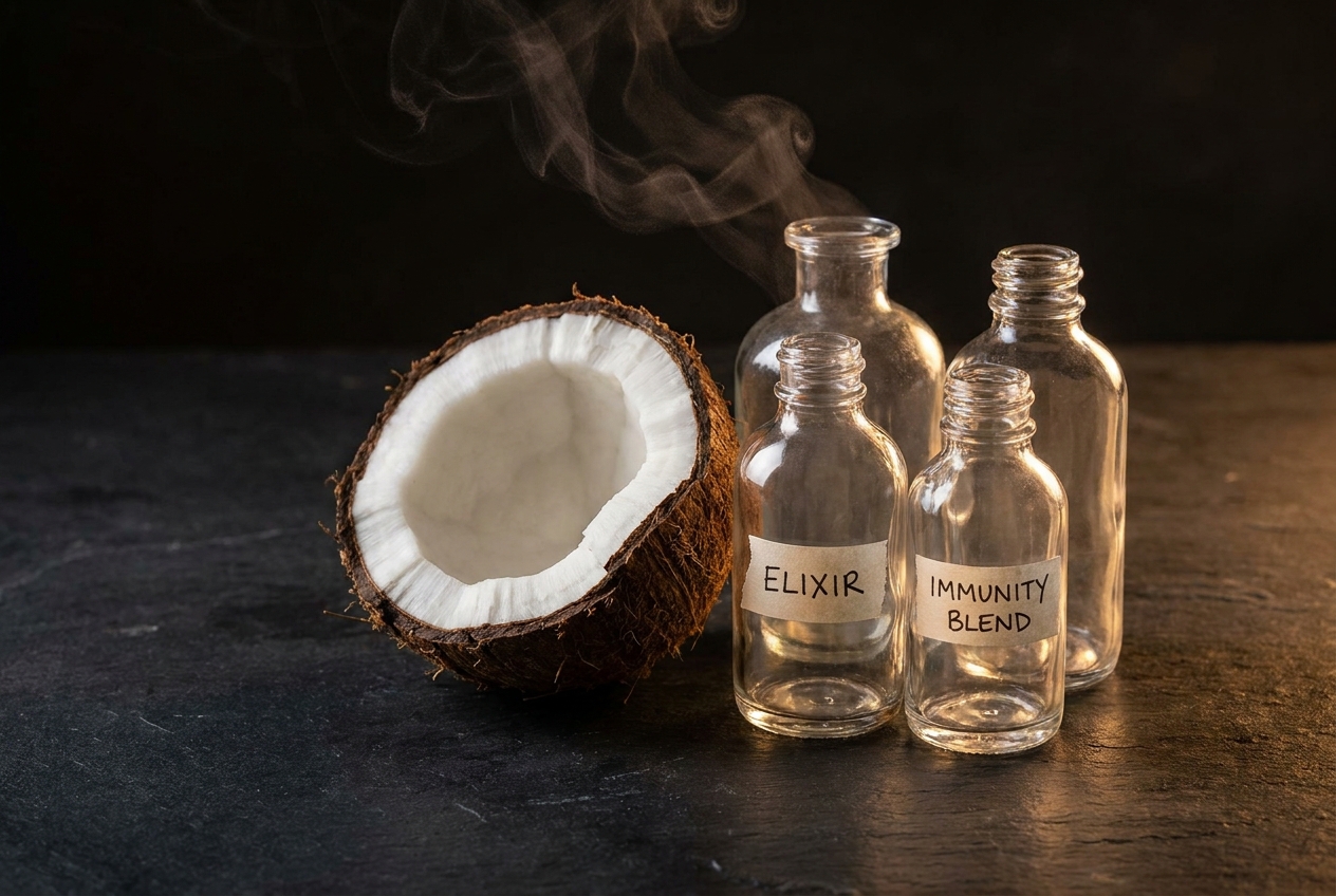 A halved coconut and glass apothecary bottles resting on a dark slate countertop.