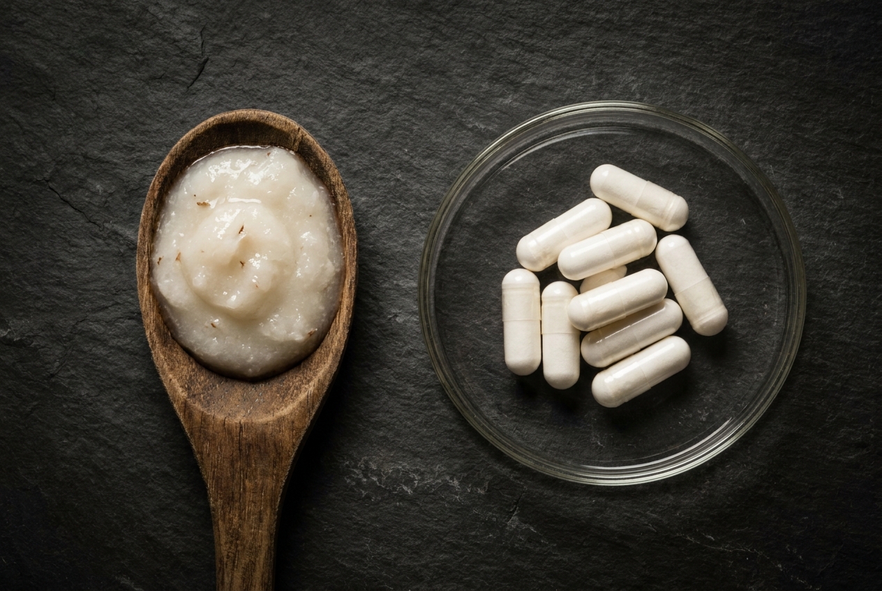 A wooden spoon with raw coconut oil next to a glass dish of white supplement capsules on a dark slate surface.
