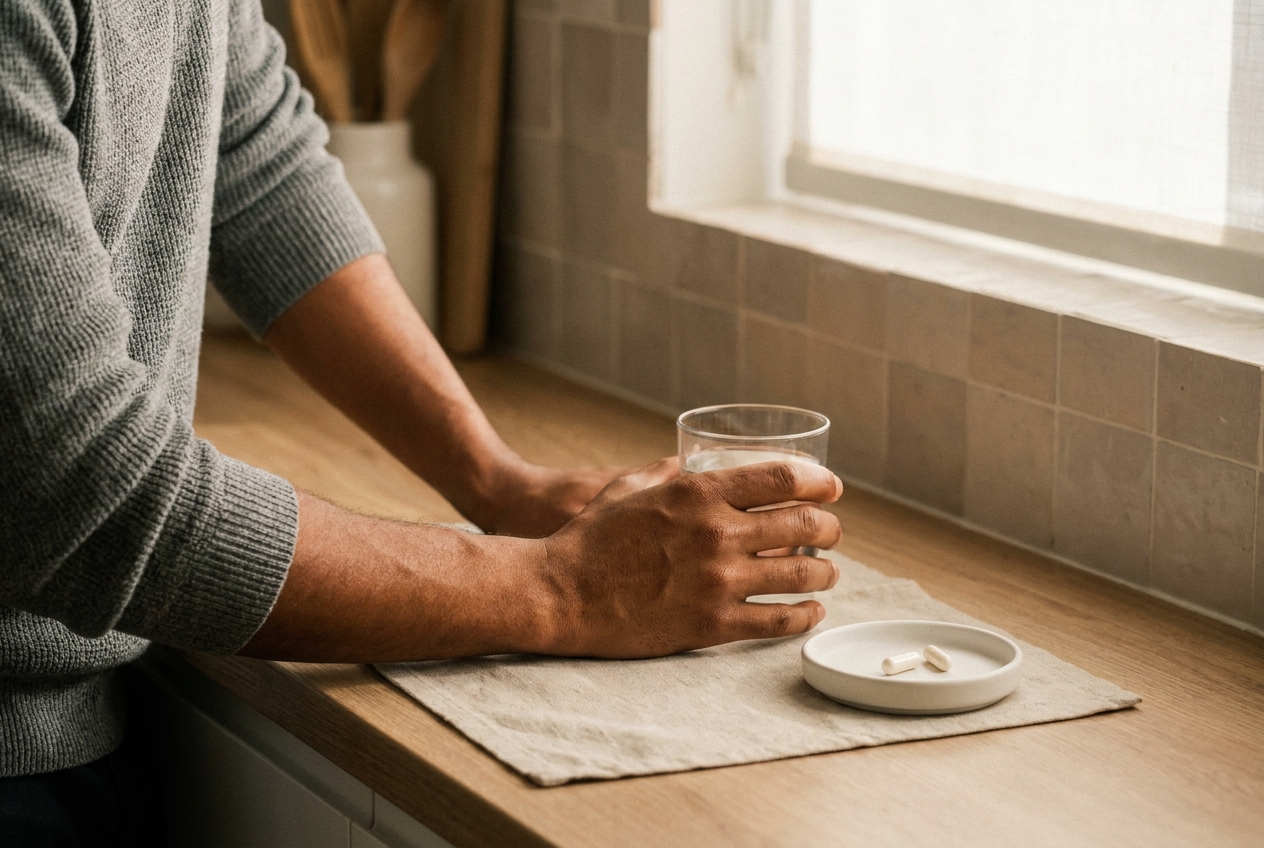 Close up of a man's hands holding a glass of water next to a small dish with two supplement capsules.