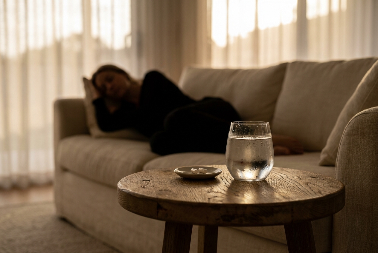 A glass of water and two supplement capsules sit on an oak table in the foreground.