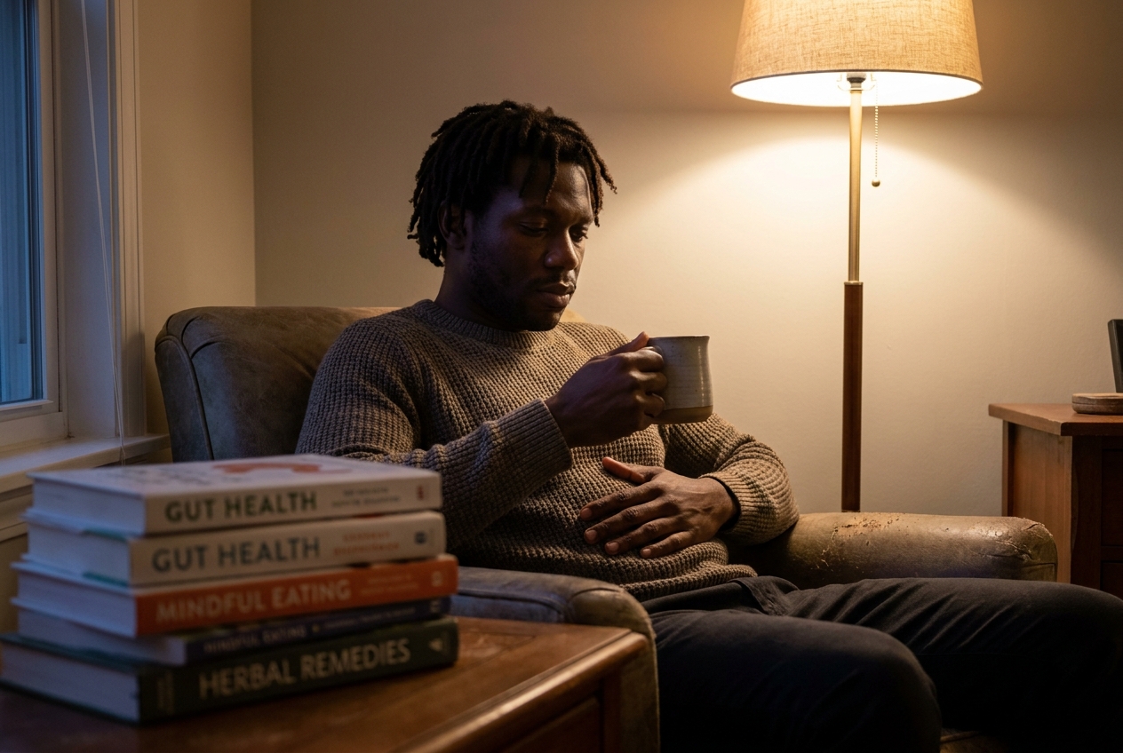 A man with deep umber skin resting his hand on his stomach while holding tea.