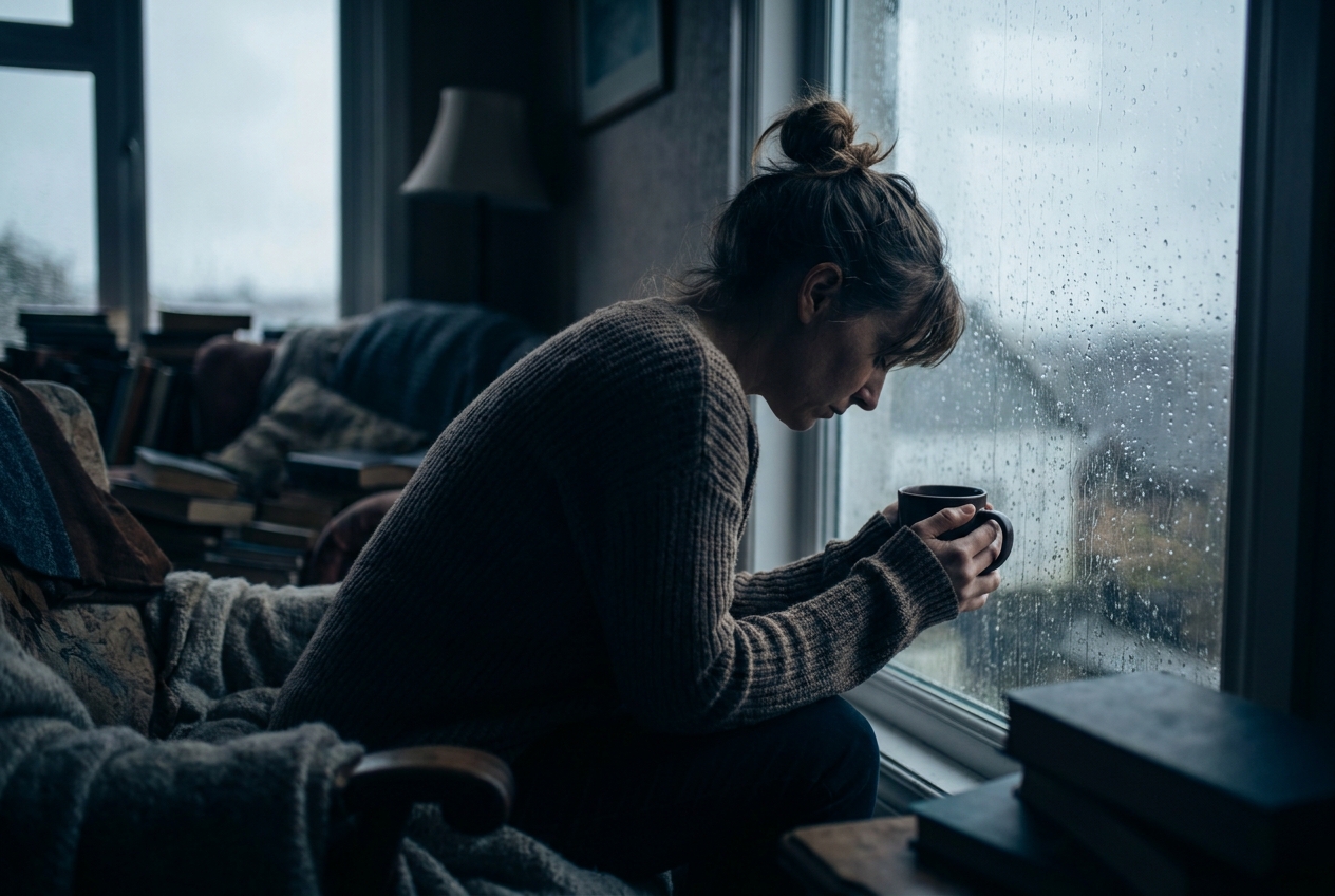 Silhouette of a tired woman holding a warm mug by a rainy window