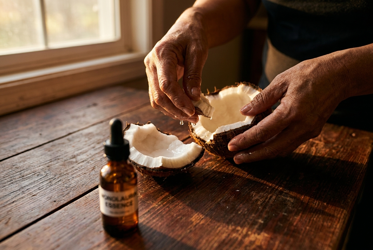 Warm hands breaking open a fresh coconut on a rustic wooden table.