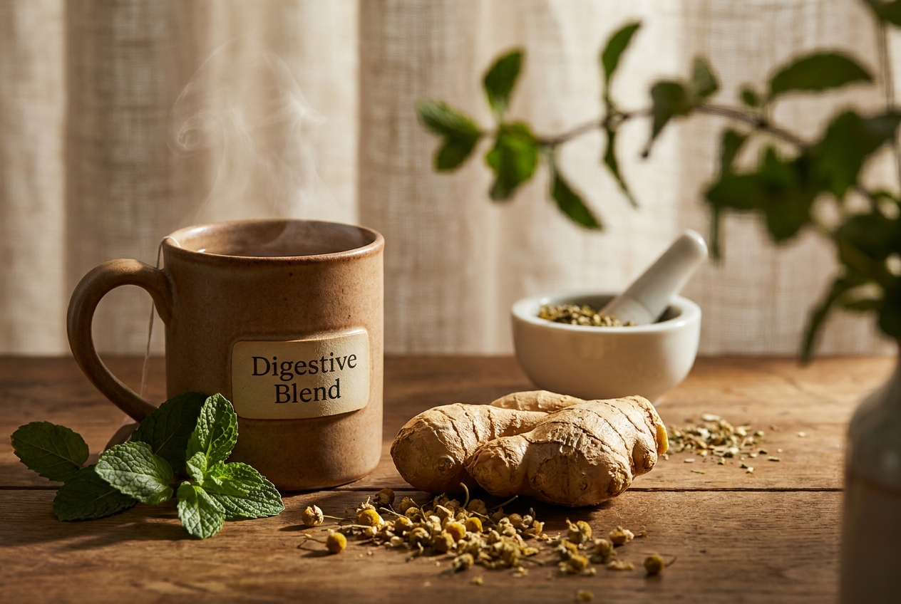 Fresh ginger root, mint leaves, and a mug of herbal tea on a wooden table.