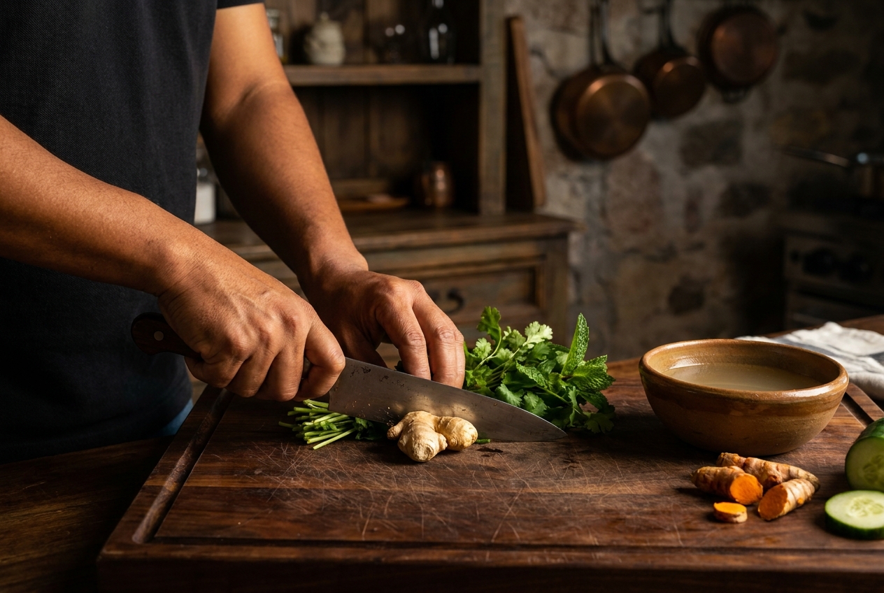Hands slicing fresh ginger and herbs on a dark walnut cutting board.
