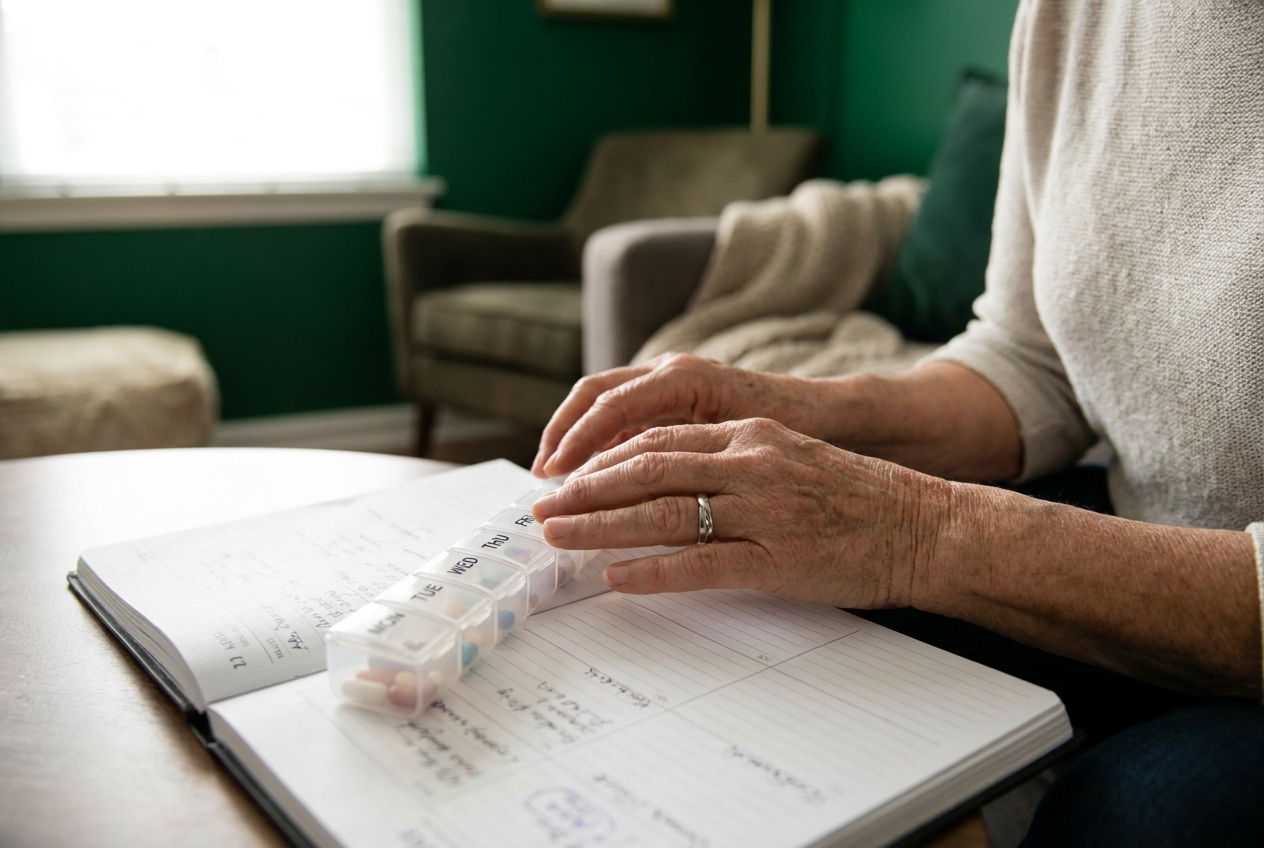 Close-up of a person's hands holding a weekly pill organizer over a daily planner.