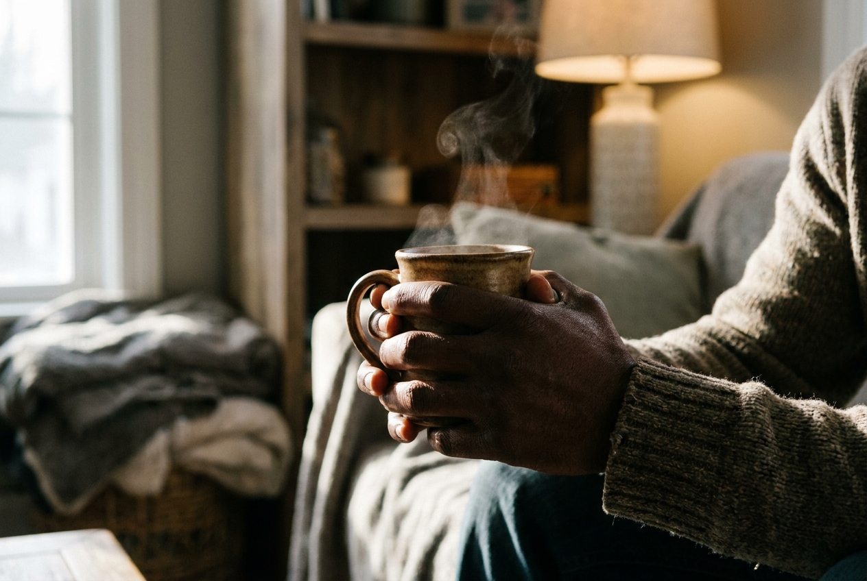 Close-up of an African American man's hands holding a warm, steaming ceramic mug.